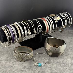 Lot of 30 Silver-tone Bangles Bracelets Charms Costume Assorted Mixed